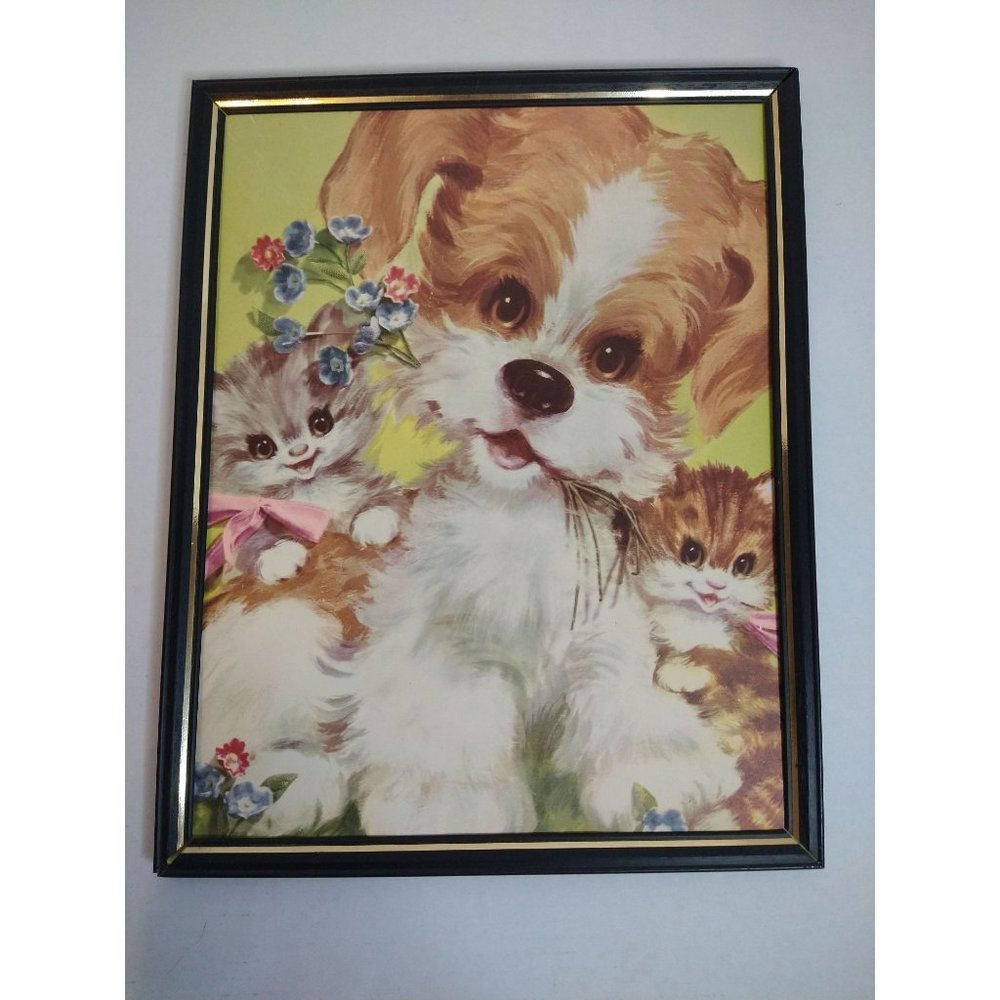 Vintage framed wall printdog kitty   children's